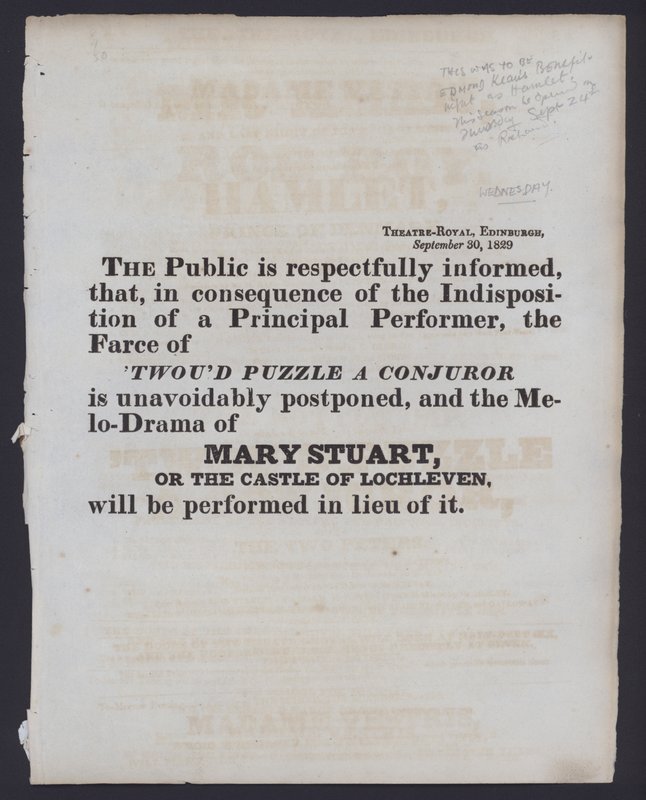 थिएटर रॉयल, एडिनबर्ग, 30 सितंबर 1829 (लिथो) में बिल किए गए प्रदर्शन में बदलाव की सूचना द्वारा स्कॉटिश स्कूल