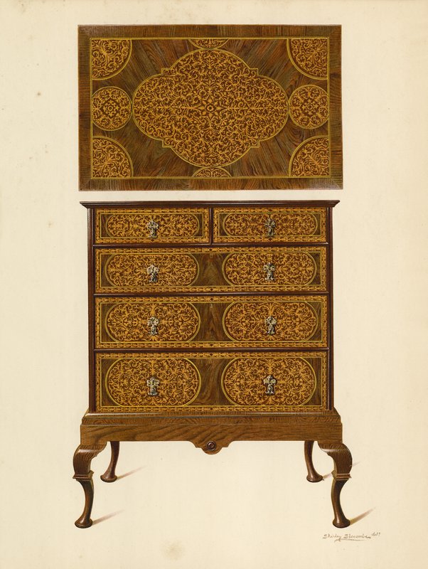 Marqueterie (क्रोमोलिथो) के साथ दराज के सीने में जकड़ना द्वारा शर्ली चार्ल्स लेवेलिन स्लोकॉम्बे