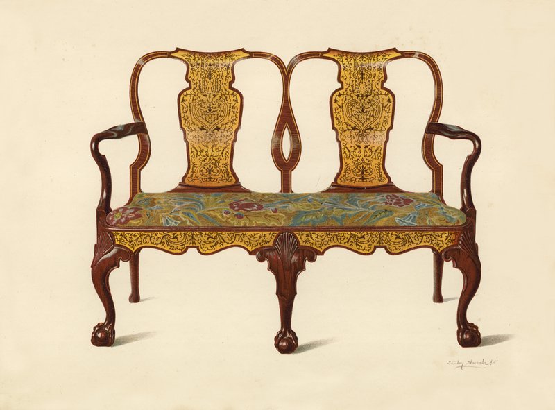 Marqueterie के साथ अखरोट का सेट इंलायड, पर्सी मैक्क्वॉयड (क्रोमोलिथो) की संपत्ति द्वारा शर्ली चार्ल्स लेवेलिन स्लोकॉम्बे