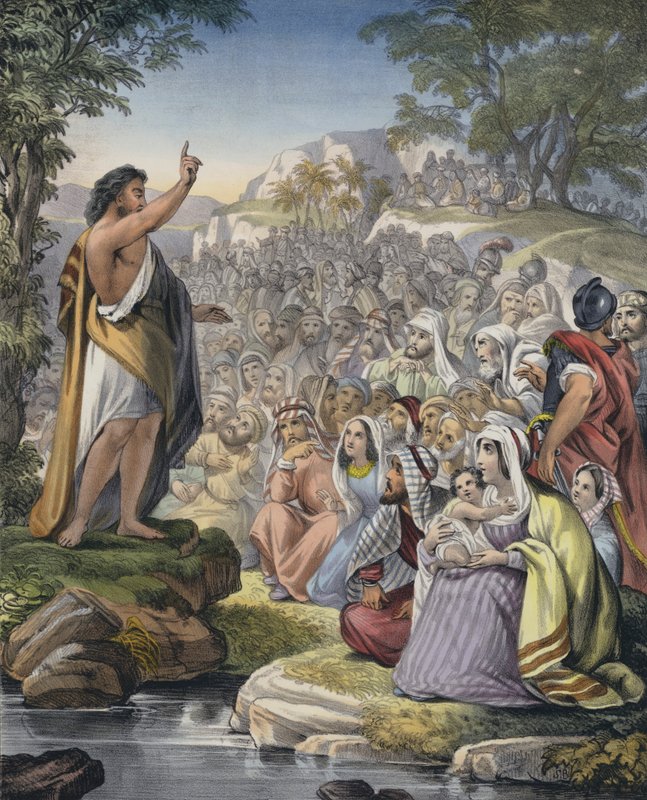 जॉन जंगल में उपदेश दे रहा है (रंगीन उत्कीर्णन) द्वारा सीगफ्राइड डेटलर बेंडिक्सन
