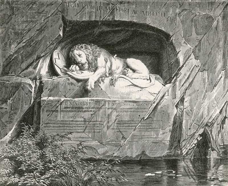 10 अगस्त 1792 को फ्रांस के शाही परिवार का बचाव करते हुए गिर गए स्विस गार्ड के लिए स्मारक द्वारा स्विस स्कूल