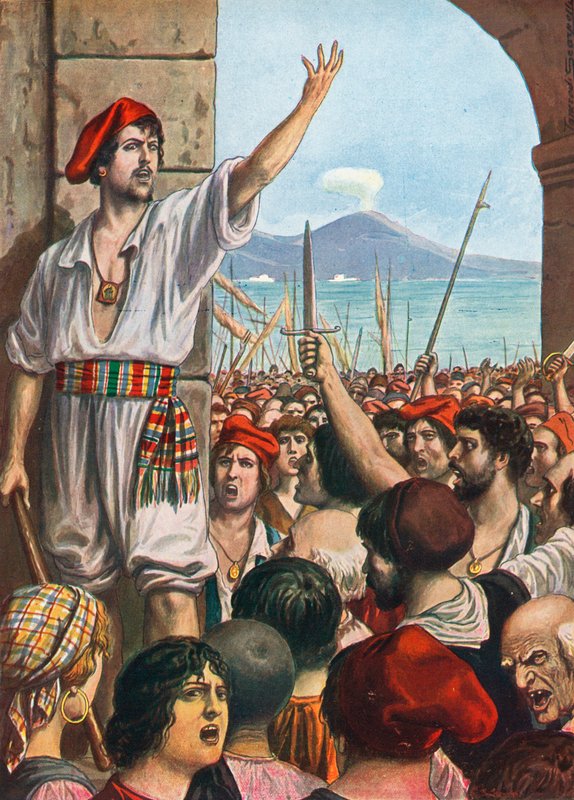 टॉमसो एनीलो, जिसे मासानिएलो के रूप में जाना जाता है, 1647 में नेपल्स में विद्रोह की प्रमुख भावना थी द्वारा टेंक्रेडी स्कार्पेलि