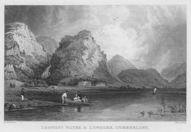 Derwent Water, और Lowdore, Cumberland (उत्कीर्णन) द्वारा थॉमस (बाद) अलोम