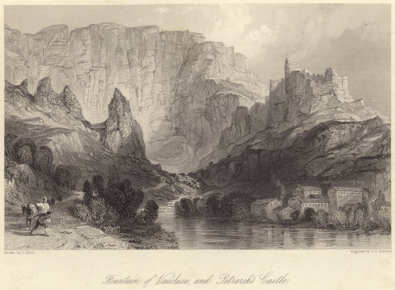 Vaucluse का फव्वारा, और पेट्रार्क का महल (उत्कीर्णन) द्वारा थॉमस (बाद) अलोम