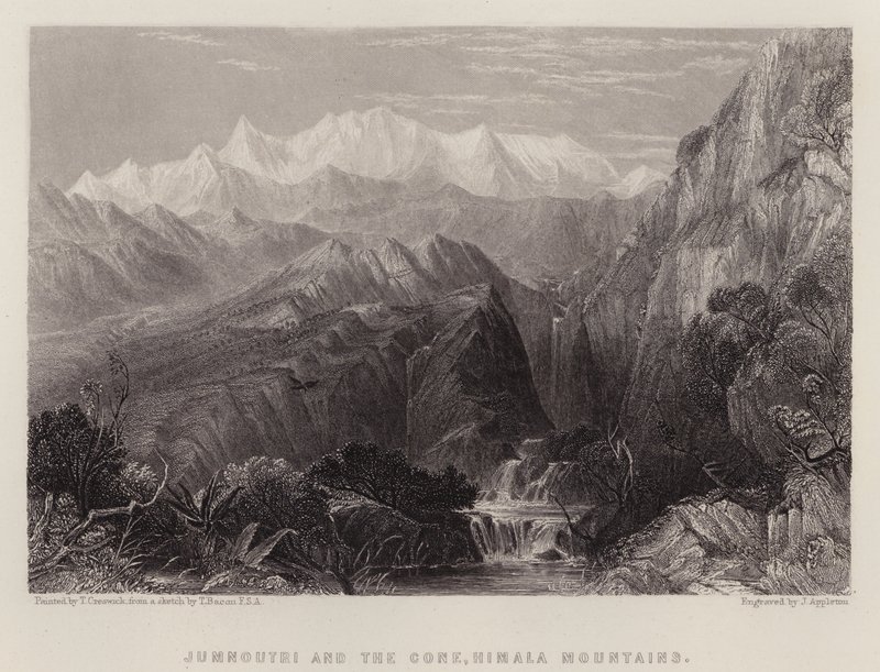 जमनौत्री और शंकु, हिमालय पर्वत (रंग लिथो) द्वारा थॉमस क्रिसविक
