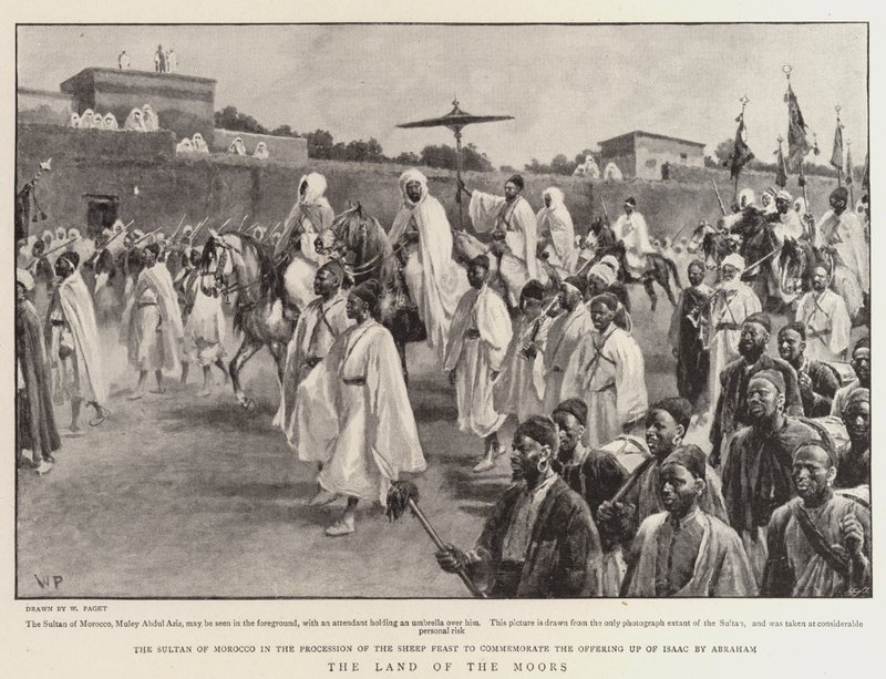 मोर्स की भूमि, भेड़ की दावत के जुलूस में मोरक्को का सुल्तान द्वारा वाल्टर स्टेनली पेजेट