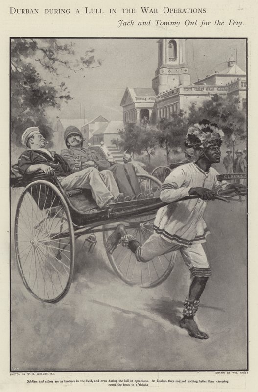 ब्रिटिश नाविक और सैनिक बोअर युद्ध (लिथो) में लड़ाई में एक खामोशी के दौरान डरबन की सड़कों के माध्यम से एक रिक्शा में सवारी करते हुए द्वारा वाल्टर पेजेट