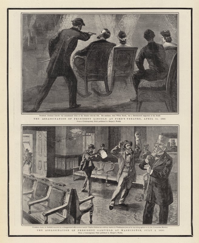 फोर्ड के थिएटर में राष्ट्रपति लिंकन की हत्या, 14 अप्रैल 1865, वाशिंगटन में राष्ट्रपति गारफील्ड की हत्या द्वारा विलियम एलन रोजर्स