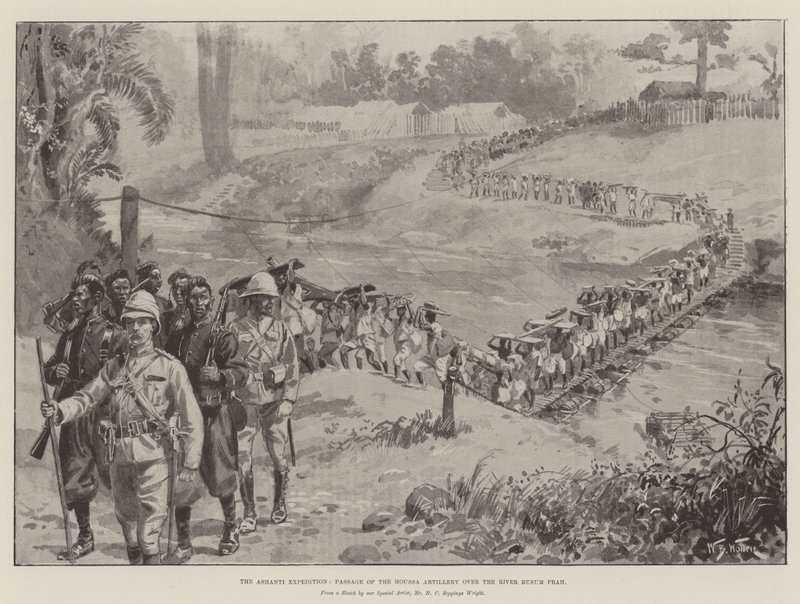 द एशांटी एक्सपीडिशन, पैसेज ऑफ द हाउस्टा आर्टिलरी ओवर द बुसम नदी द्वारा विलियम बार्न्स ऊन