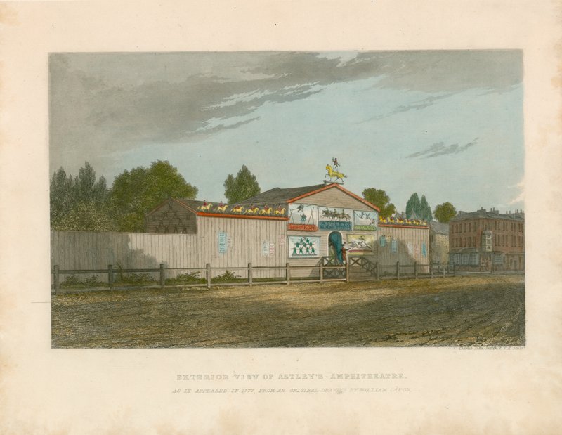 एस्टले के एम्फीथिएटर का बाहरी दृश्य, जैसा कि 1777 में दिखाई दिया था द्वारा विलियम कैपोन
