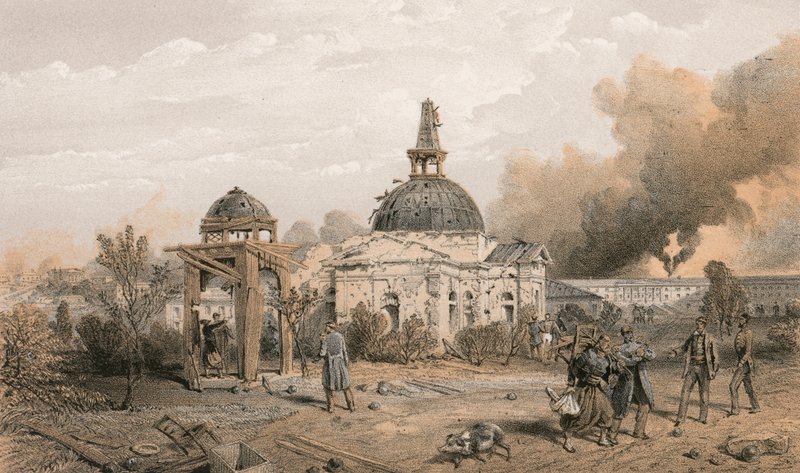 रेडान के पीछे चर्च, उत्तर में देख रहा है, शॉट और शेल के प्रभाव दिखा रहा है द्वारा विलियम क्रीमिया सिम्पसन