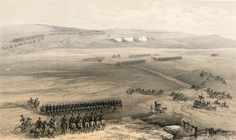 बुलगानक की ऊंचाइयों का घुड़सवार दस्ता - पहली बंदूक, 19 सितंबर 1854 द्वारा विलियम क्रीमिया सिम्पसन
