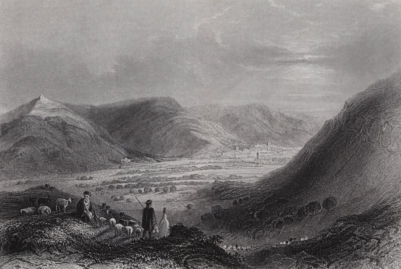 माउंट एबाल (उत्कीर्णन) से माउंट गेरिज़िम और नब्लस की घाटी द्वारा विलियम एच। बार्टलेट