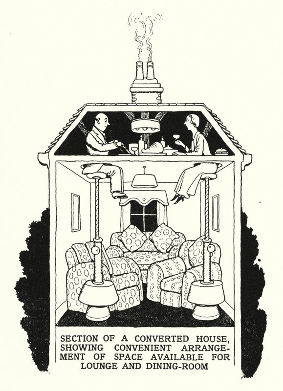 एक परिवर्तित घर का खंड, लाउंज और भोजन कक्ष (लिथो) के लिए उपलब्ध स्थान की सुविधाजनक व्यवस्था दिखा रहा है द्वारा विलियम हीथ रॉबिन्सन