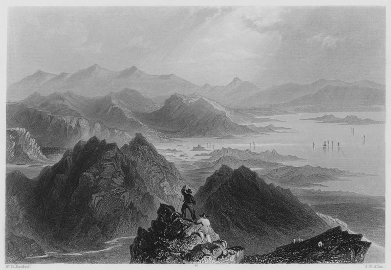 शुगर लोफ माउंटेन, बैंट्री बे (उत्कीर्णन) से दृश्य द्वारा विलियम हेनरी (बाद) बार्टलेट