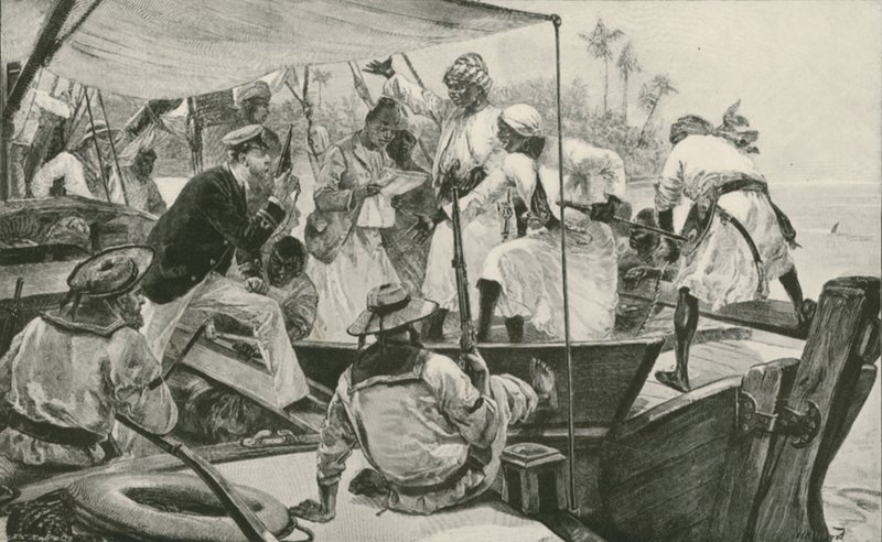एक ब्रिटिश नौसेना अधिकारी एक अरब दास ढो (लिथो) की मरम्मत कर रहा है द्वारा विलियम हेशम (बाद) ओवरएंड