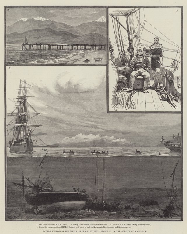 HMS Doterel के मलबे की खोज में गोताखोरों, मैगलन के जलडमरूमध्य में उड़ा द्वारा विलियम हेशम ओवरेंड