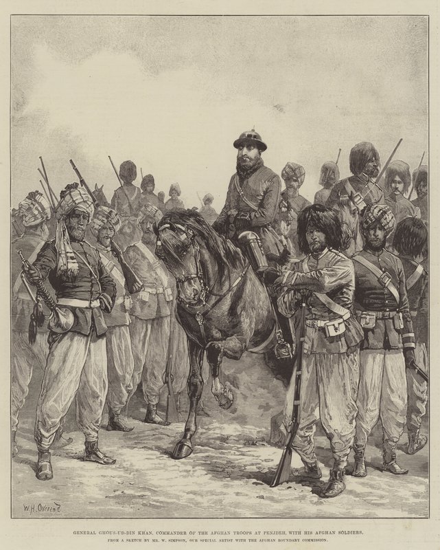 जनरल घौस-उद-दीन खान, अपने अफगान सैनिकों के साथ पेनजदे में अफगान सैनिकों के कमांडर द्वारा विलियम हेशम ओवरेंड