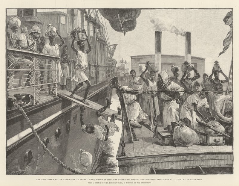 18 मार्च 1887 को केले पॉइंट पर एमिन पाशा राहत अभियान, यात्रियों को कांगो रिवर स्टीम-बोट में स्थानांतरित करना। द्वारा विलियम हेशम ओवरेंड