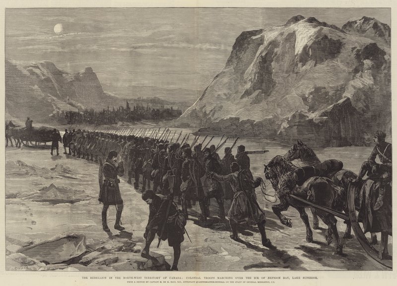 कनाडा के उत्तर-पश्चिम क्षेत्र में विद्रोह, औपनिवेशिक खाड़ी की बर्फ के ऊपर से औपनिवेशिक सेना, सुपीरियर झील द्वारा विलियम हेशम ओवरेंड