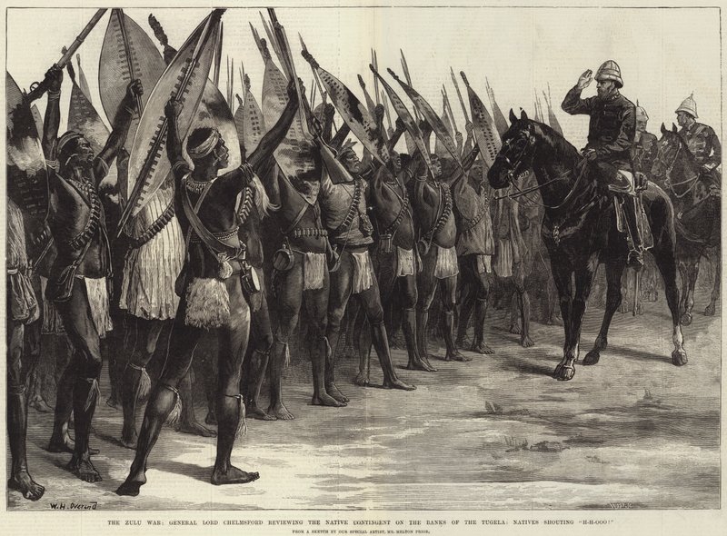 ज़ुलु युद्ध, जनरल लॉर्ड चेम्सफोर्ड ने तुगेला के तट पर मूल निवासी की समीक्षा करते हुए, मूल निवासियों को HH-Ooo चिल्लाते हुए कहा! द्वारा विलियम हेशम ओवरेंड