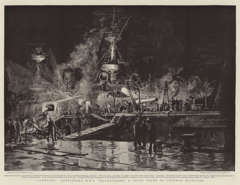 ओवरटाइम, HMS शानदार, चैथम डॉकयार्ड में एक रात दृश्य को पूरा करना द्वारा विलियम लियोनेल वायली
