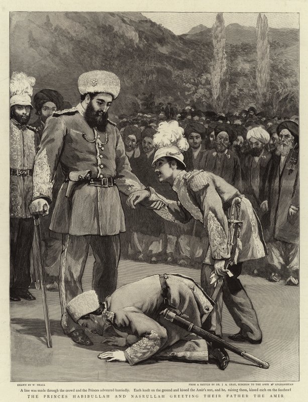 प्रिंसेस हबीबुल्लाह और नसरुल्लाह अपने पिता आमिर का अभिवादन करते हैं द्वारा विलियम स्मॉल