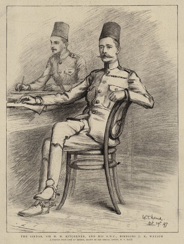सरदार, सर एचएच किचनर, और उनके एडीसी, बिम्बाशी जेके वाटसन (लिथो) द्वारा विलियम टी। मौड