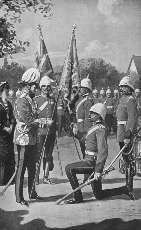 किंग एडवर्ड प्रेजेंटिंग कलर्स टू द रॉयल वेल्श फ्यूसिलर्स, 16 अगस्त, 1880 द्वारा चार्ल्स मिल्स शेल्डन के बाद