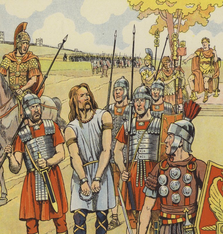Vercingetorix ने जूलियस सीज़र को आत्मसमर्पण किया, 52 ई.पू. (कलर लिथो) द्वारा Onfray de Breville जाक जॉब के लिए छद्म नाम
